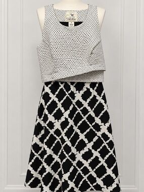 Tabitha Black White Geometric Print Fit & Flare Sleeveless Midi Dress Size 0